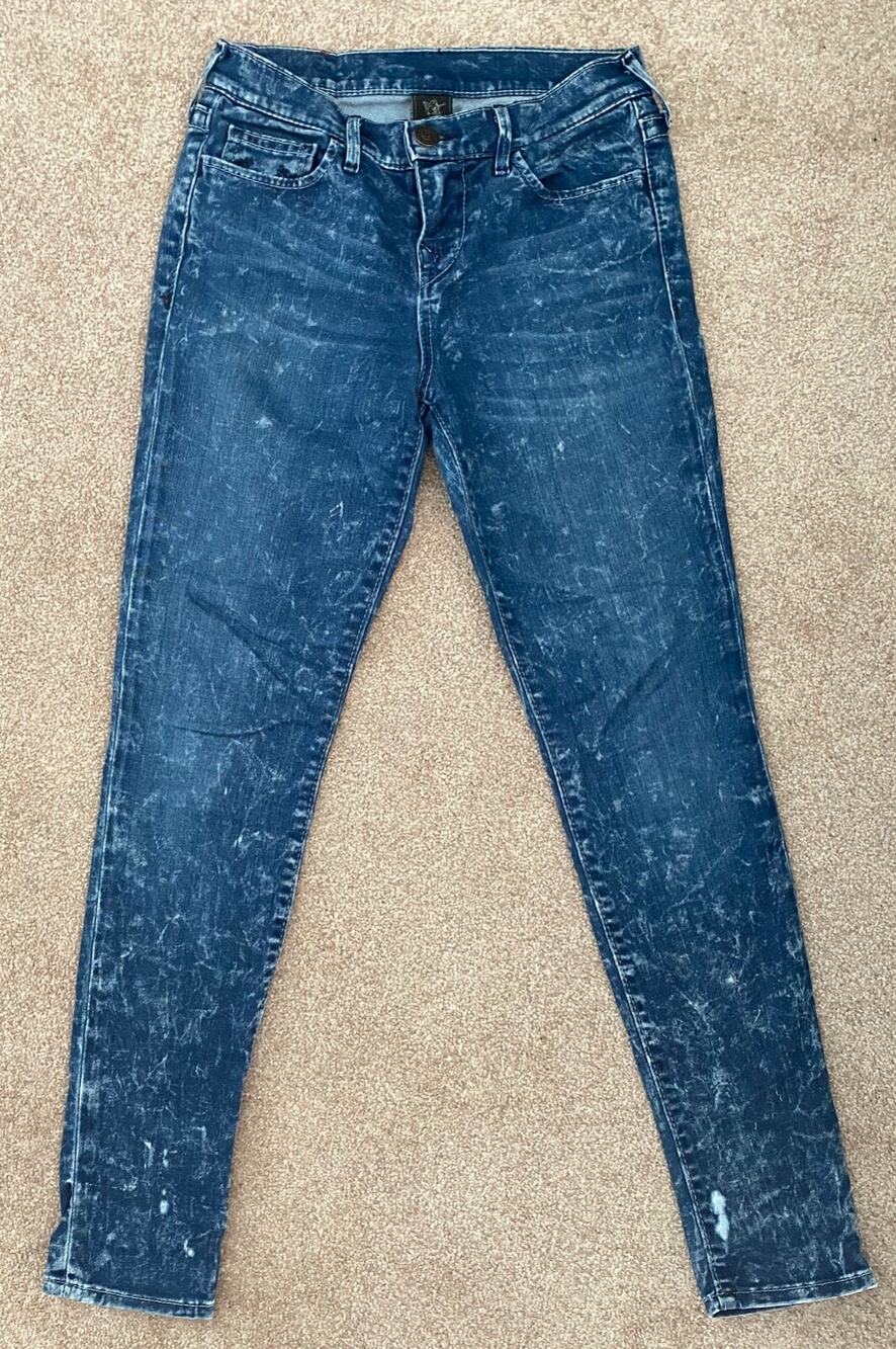 True Religion Paint Splatter Skinny Jeans, Low Rise, Stretch Denim, Size 26